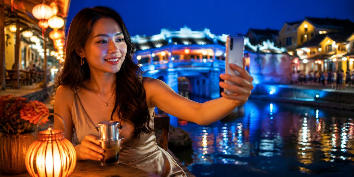 Người dùng tham gia xổ số trực tuyến qua điện thoại trong không gian quán cà phê Hội An