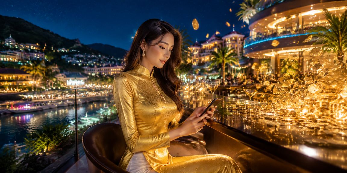 Người phụ nữ mặc áo dài chơi casino trên điện thoại tại Sapa